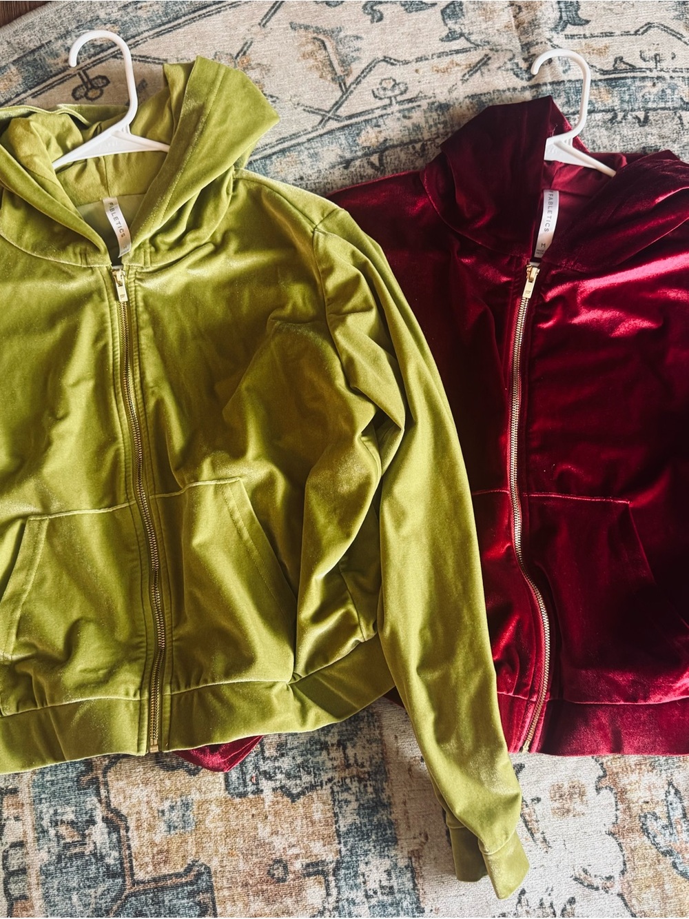 Fabletics Avocado Green and Burgundy Velvet Zip Hoodie Duo